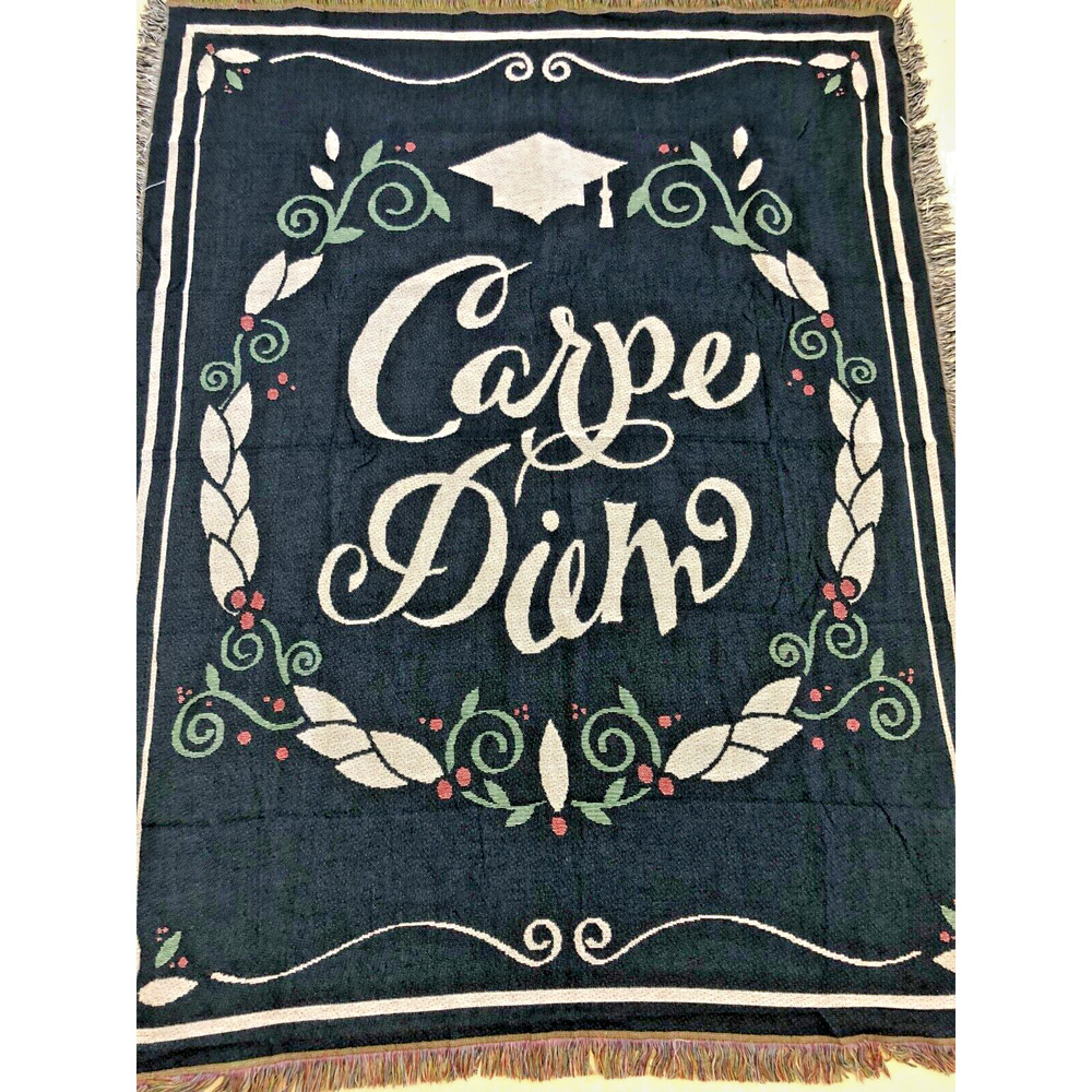 Carpe Diem Throw Blanket Grad Fringed Border Laurel Leaf Victory Blue 50 x 60 - Picture 2 of 3